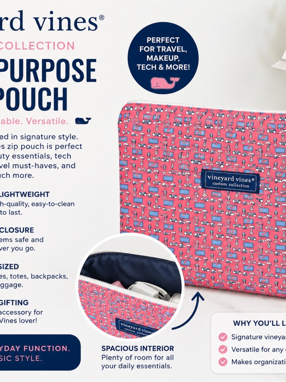 Vineyard Vines Pink Whale-Print Tech Pouch
